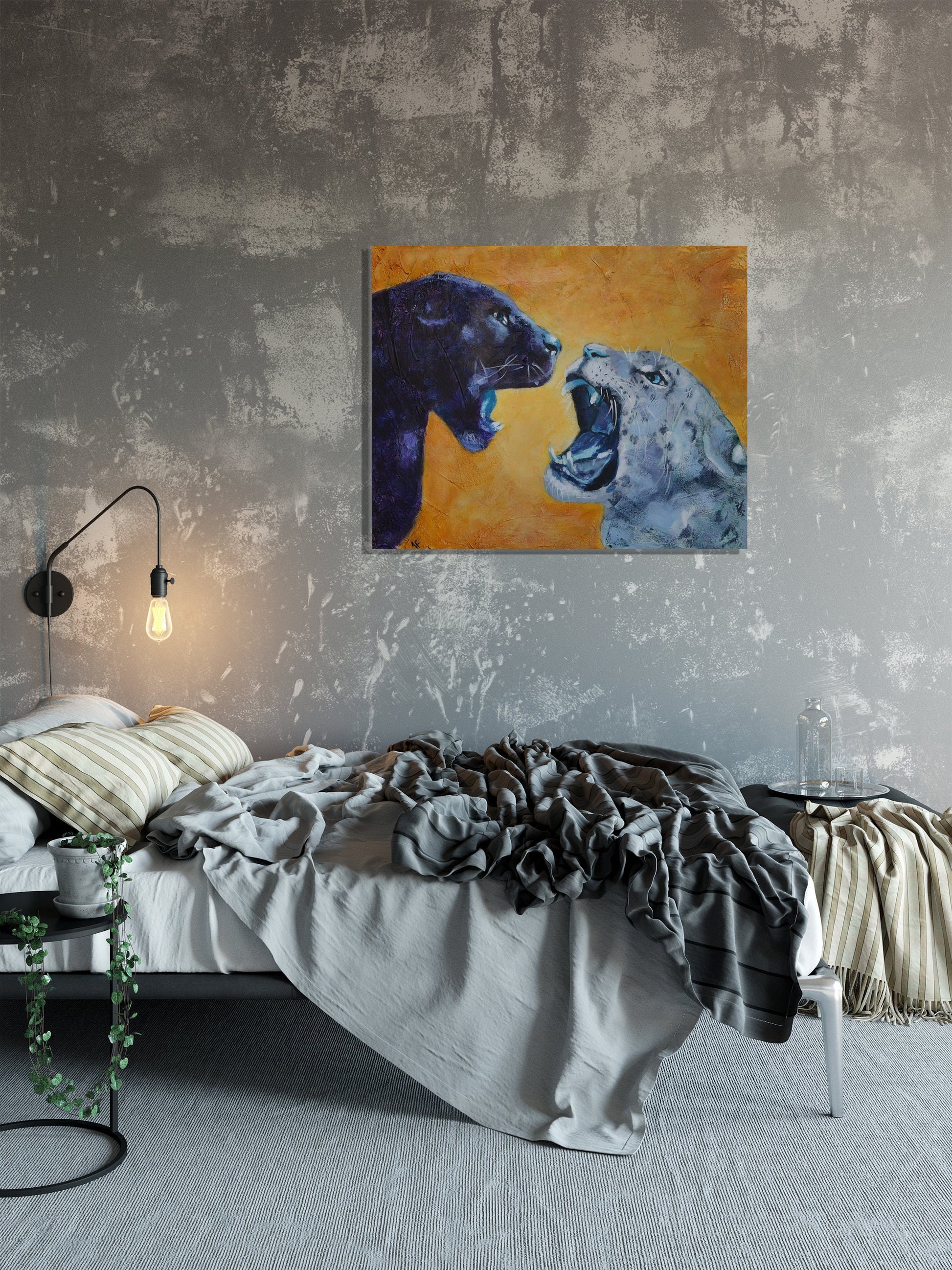 Fierce leopard faces original acrylic painting on canvas
