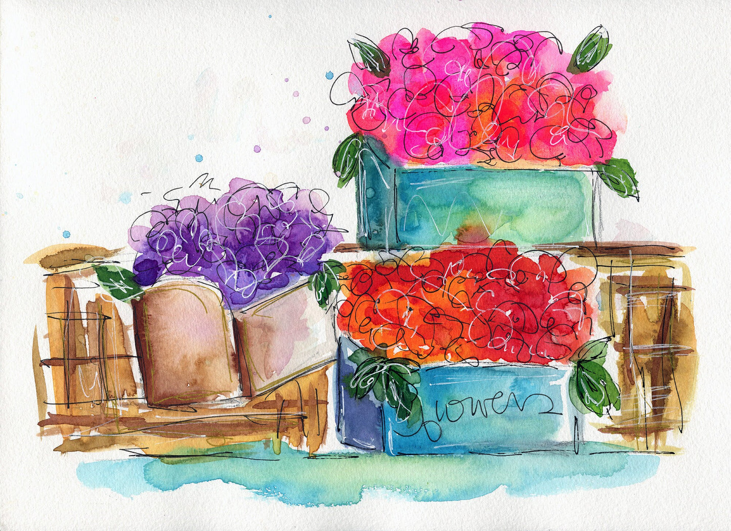 A watercolor painting depicting colorful flowers in garden boxes, with a focus on the petals and leaves, done on a light background.
