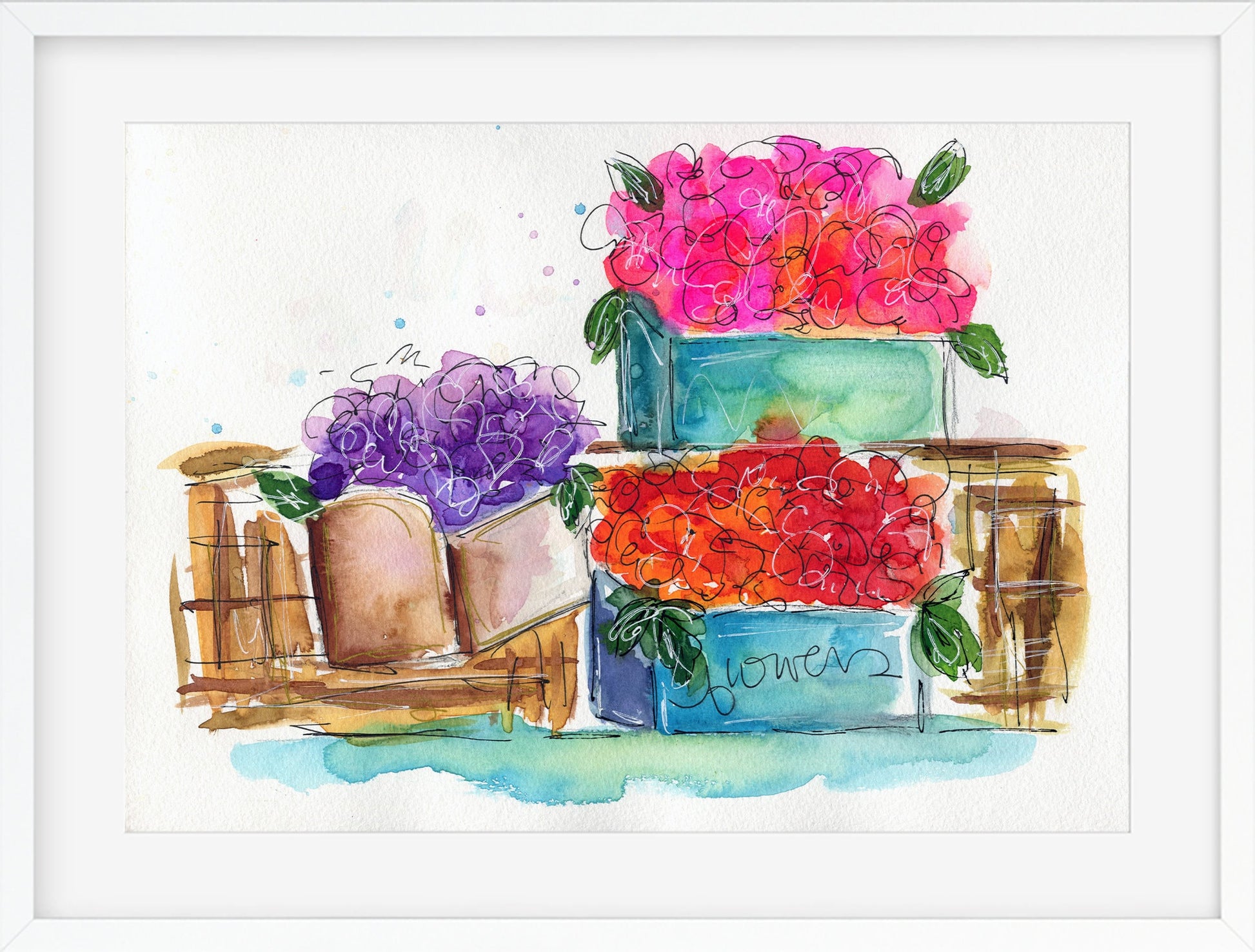 Flower boxes hand painted watercolor painting