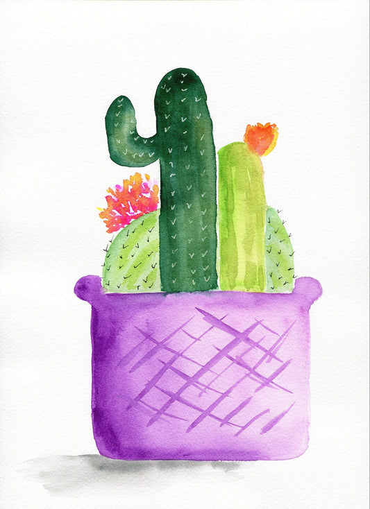 A watercolor painting of a green cactus with a purple planter, showcasing a bold color contrast.