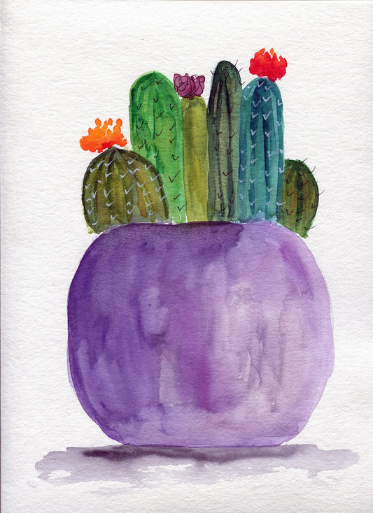 A watercolor painting of green cacti in a purple planter, depicted in shades of green, purple, and red on a white background.