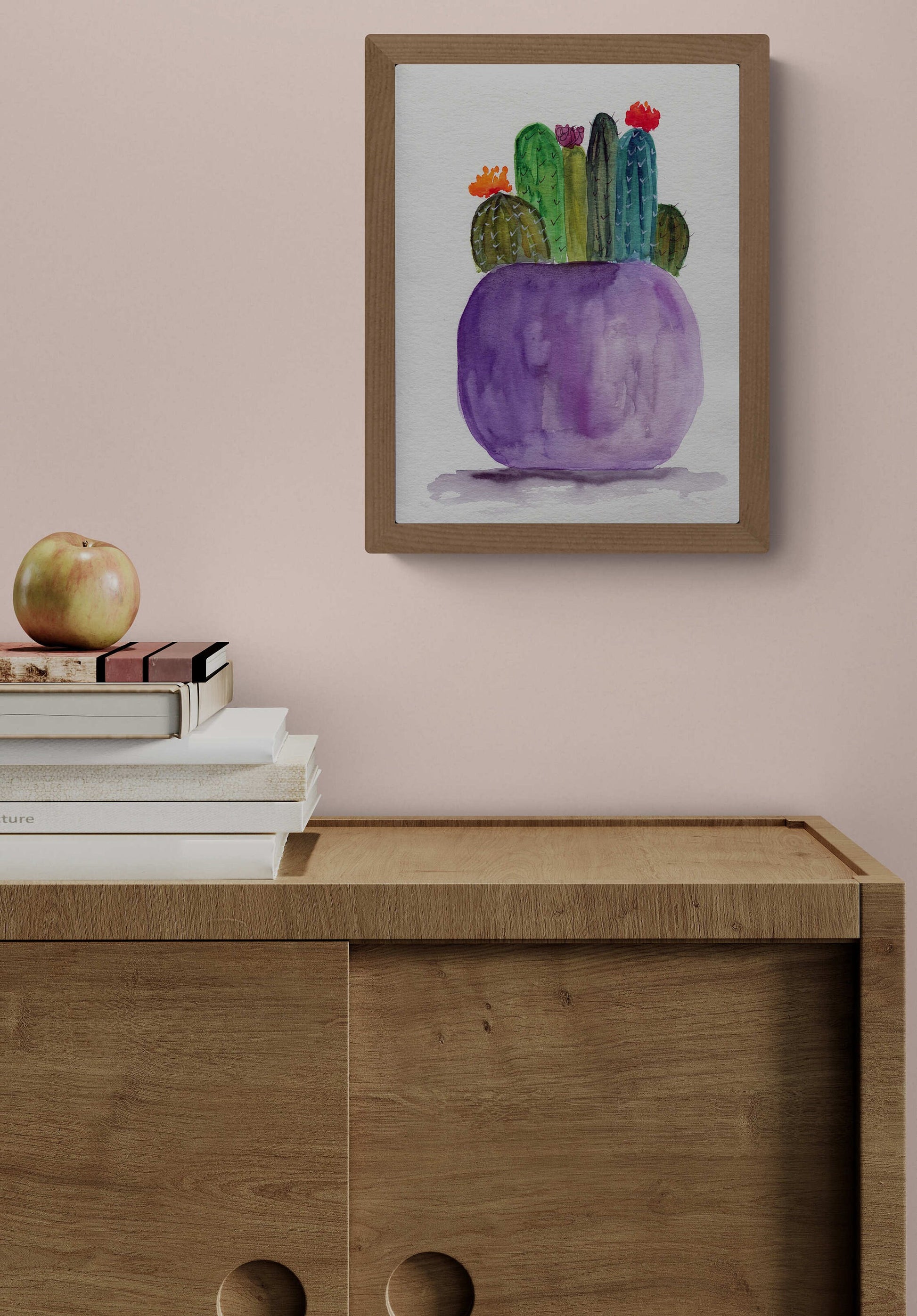 Flowering cactus in a purple planter original watercolor painting