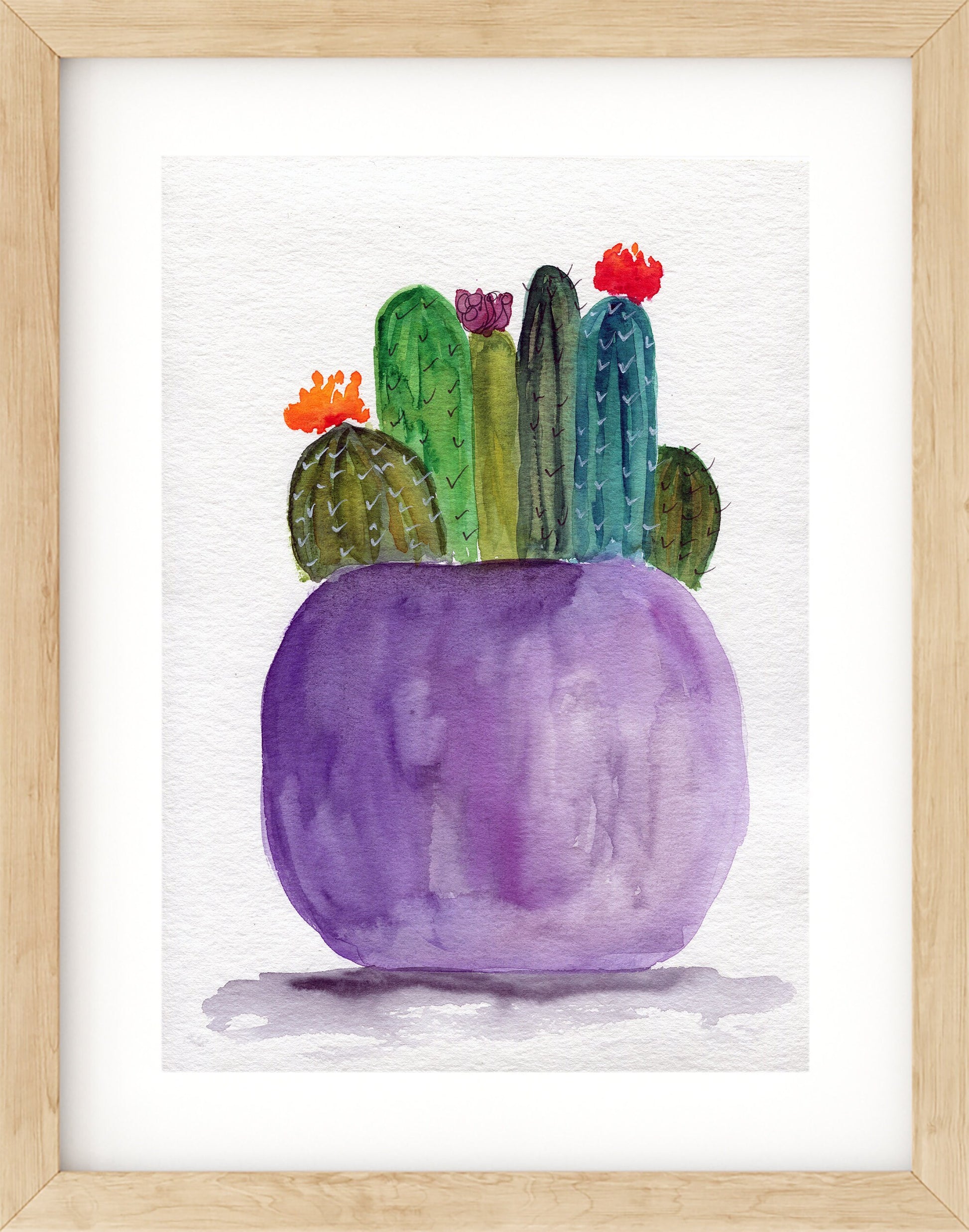 Flowering cactus in a purple planter original watercolor painting