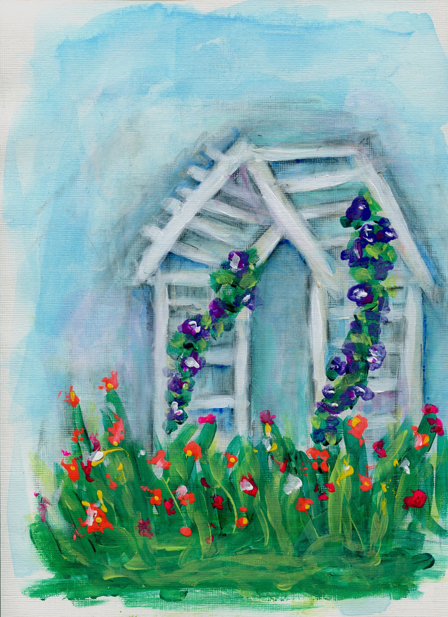 An acrylic painting depicting a colorful garden with a trellis, featuring bright purples, yellows, and oranges.
