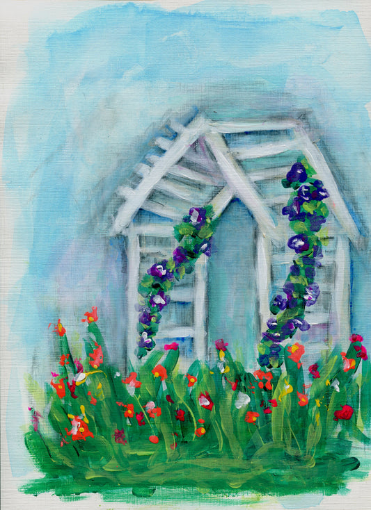 An acrylic painting depicting a colorful garden with a trellis, featuring bright purples, yellows, and oranges.