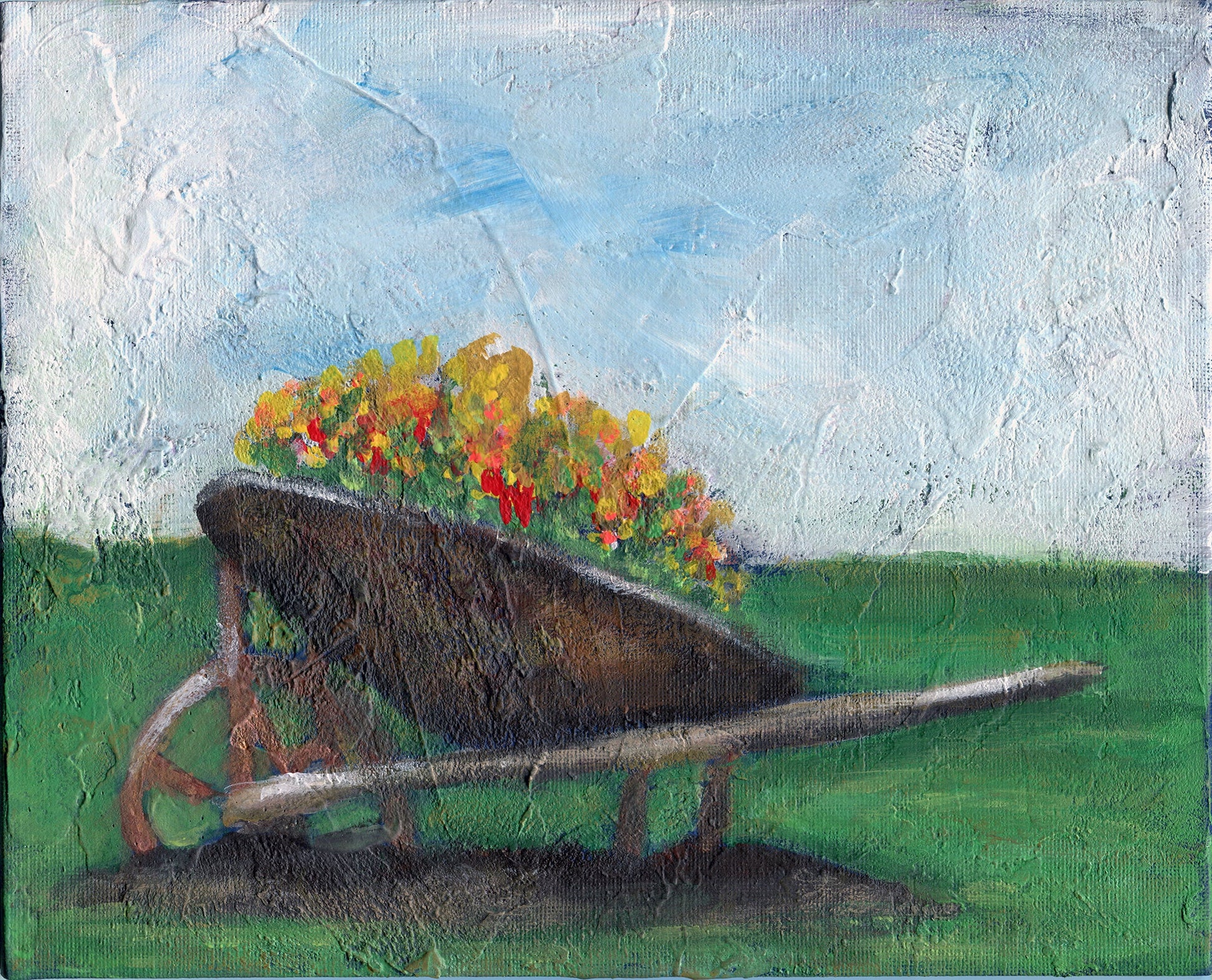 Hand painted acrylic painting of a wheelbarrow filled with colorful flowers on a green background, 8x10 canvas board.