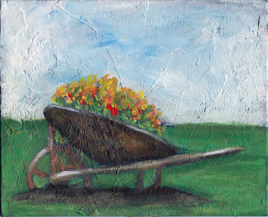 Hand painted acrylic painting of a wheelbarrow filled with colorful flowers on a green background, 8x10 canvas board.