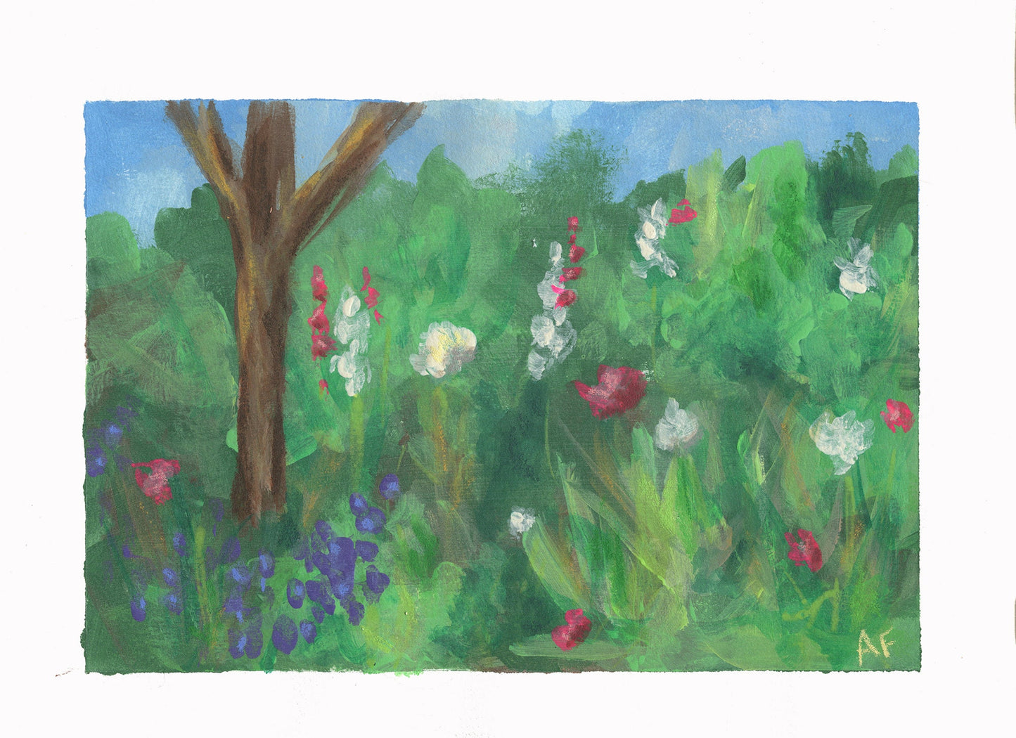 Forest and flowers landscape acrylic gouache painting on paper