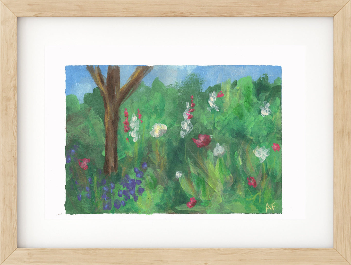 Forest and flowers landscape acrylic gouache painting on paper