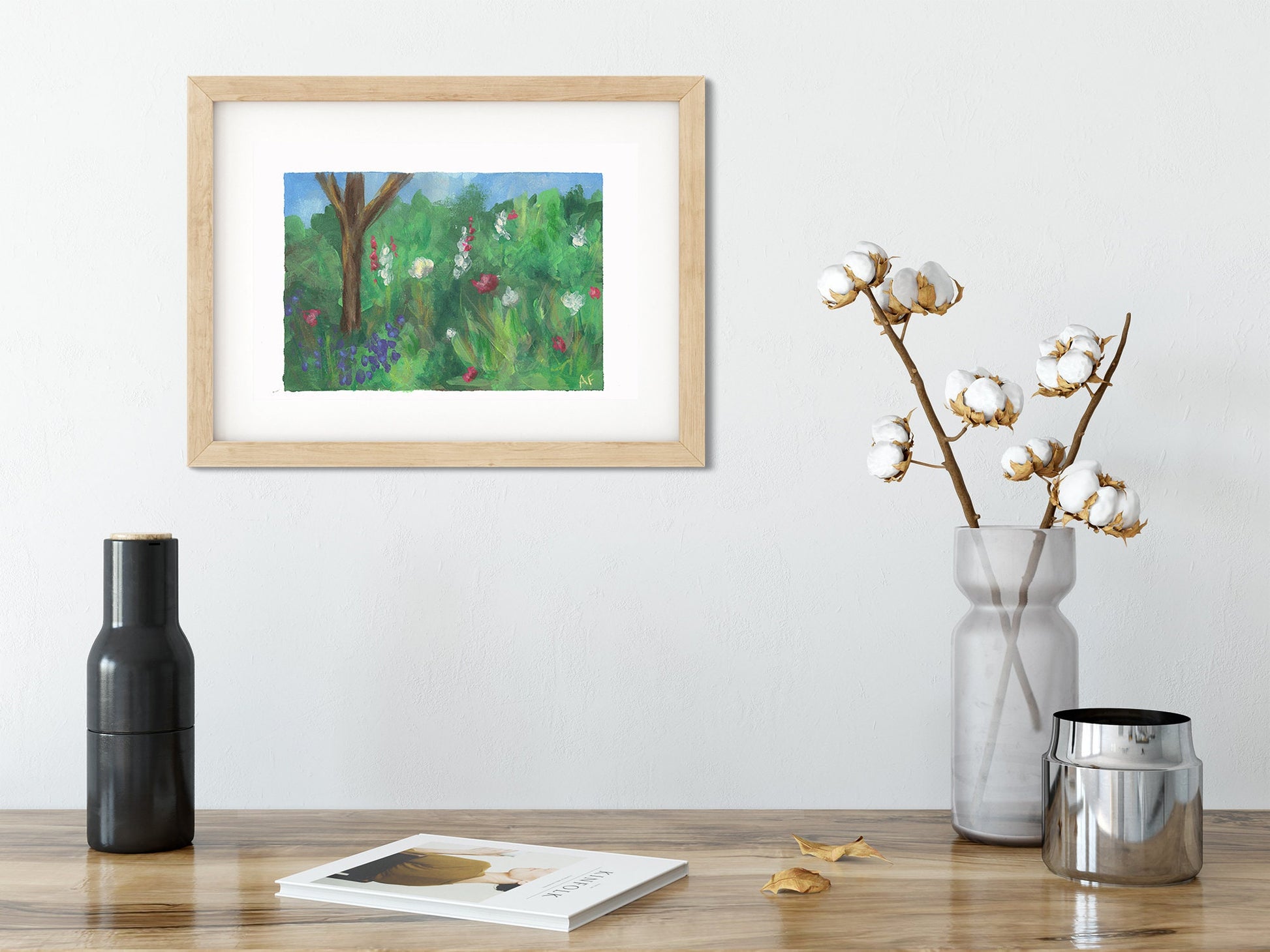 Forest and flowers landscape acrylic gouache painting on paper