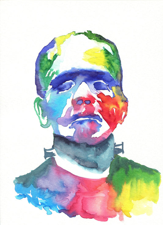 A hand-painted watercolor painting of Frankenstein's monster in a colorful rainbow design.