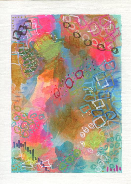 Abstract flower garden mixed media and watercolor painting 9x12, original hand painted art on paper, funky wall art - Carved Effects