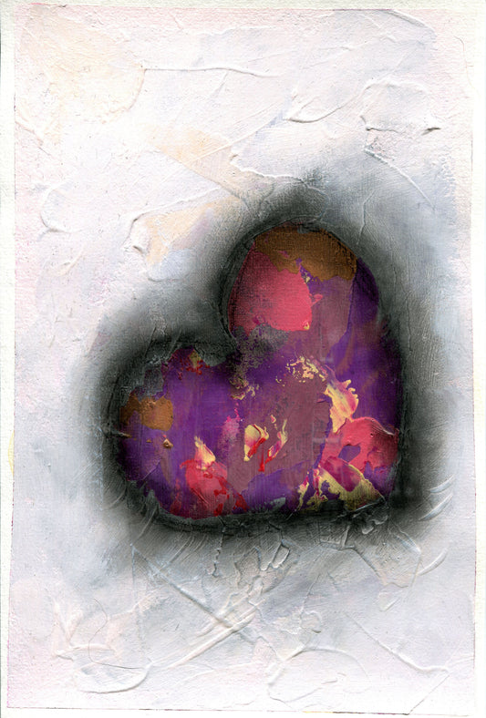 A purple and pink heart-shaped watercolor painting with a textured background.