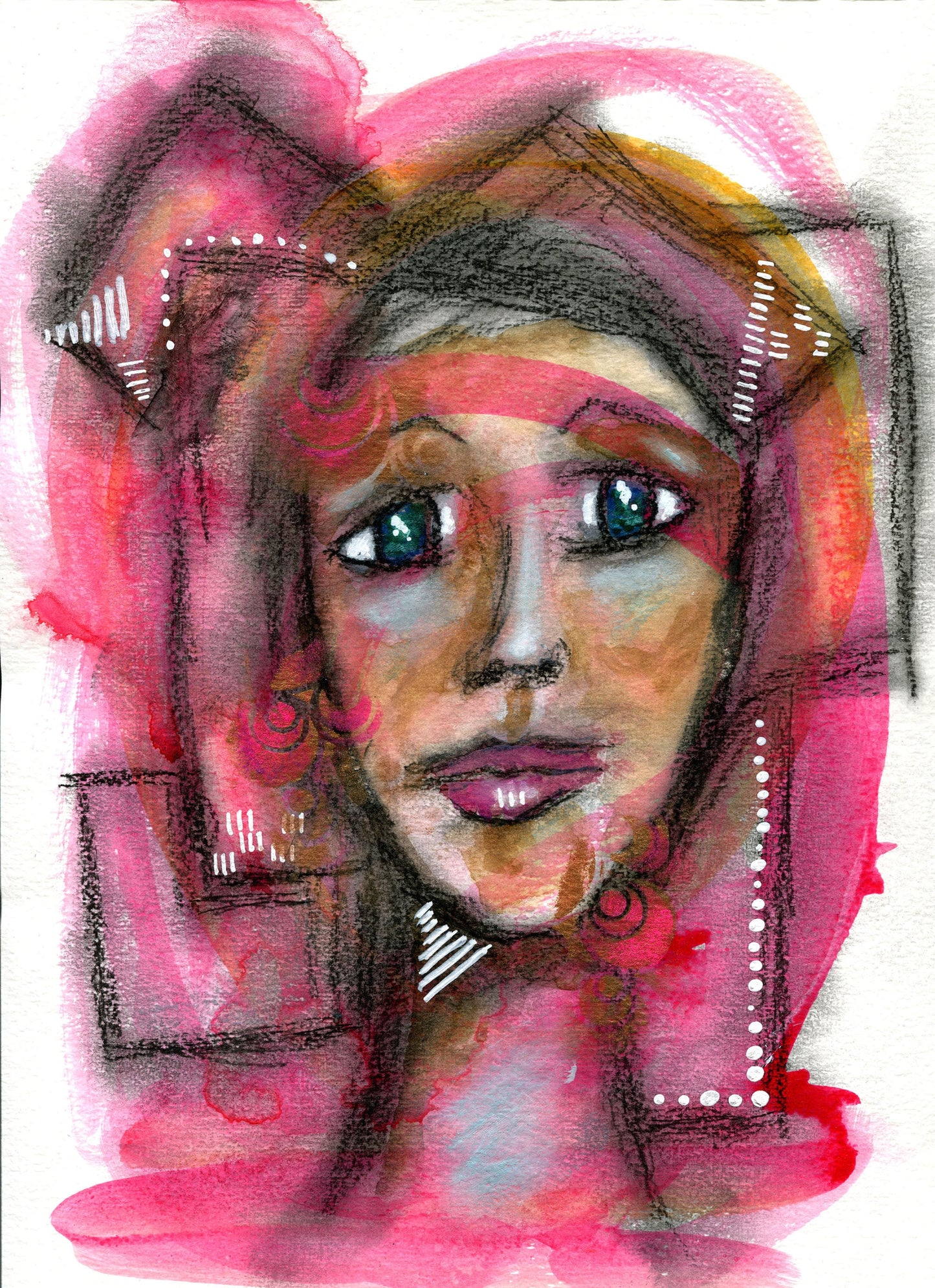 Expressive female face mixed media painting on paper 9x12, funky hot pink portrait of a woman watercolor - Carved Effects