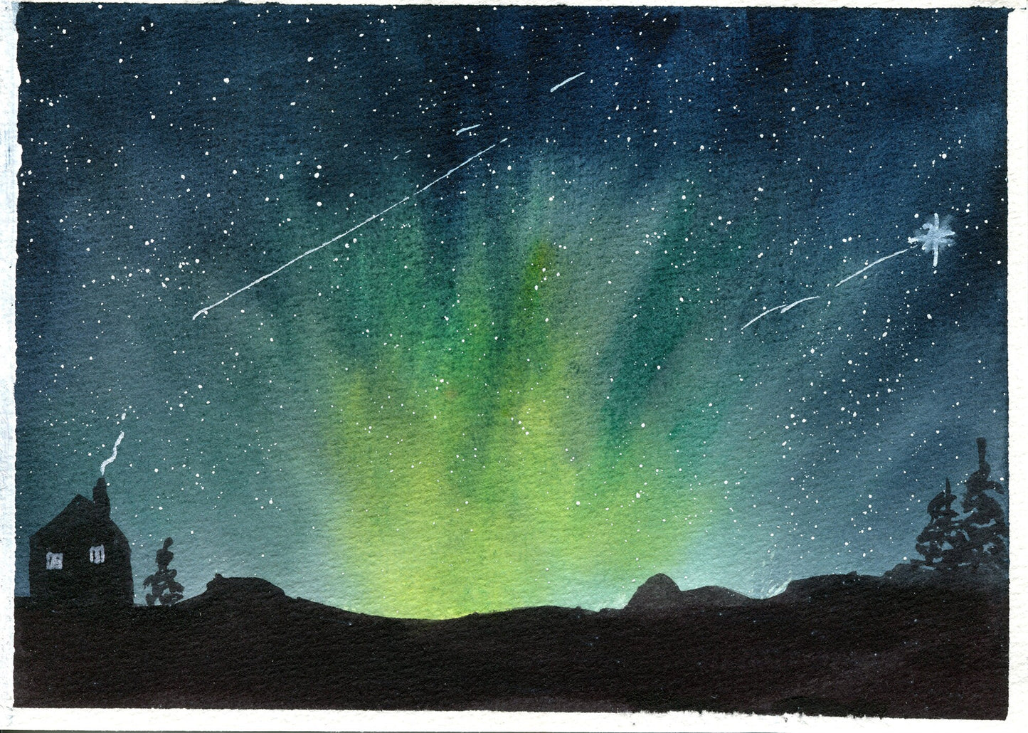 A watercolor painting of a starry night landscape with green and blue hues, showcasing a galaxy-like pattern, with visible stars and a silhouette of a tree in the foreground.