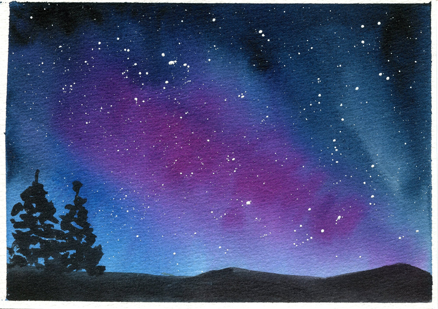 Galaxy, nebula and starry night landscape watercolor