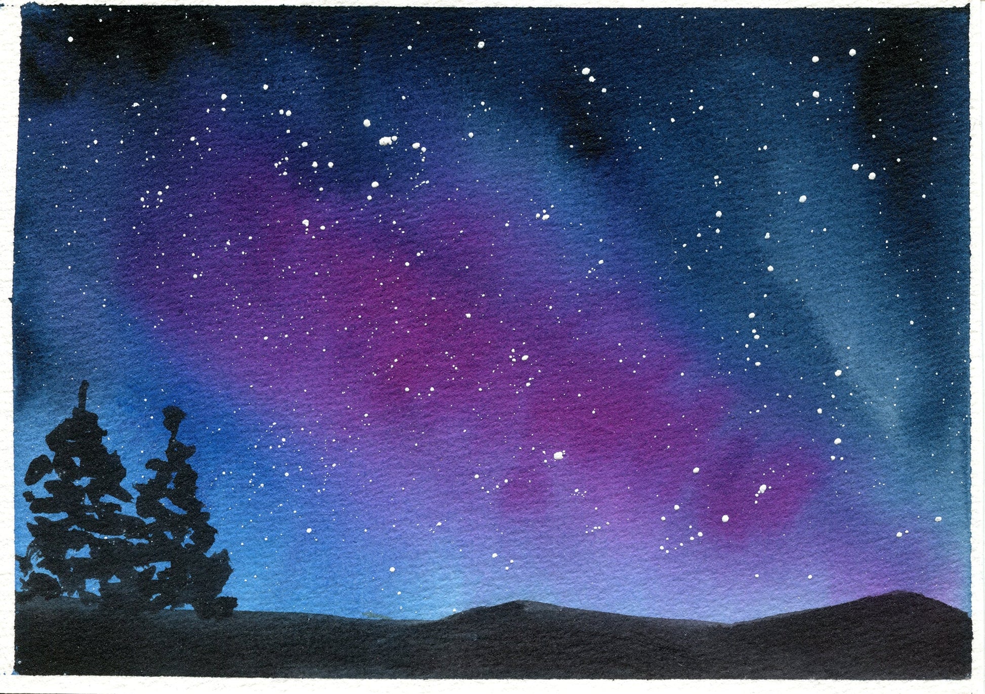 Galaxy, nebula and starry night landscape watercolor