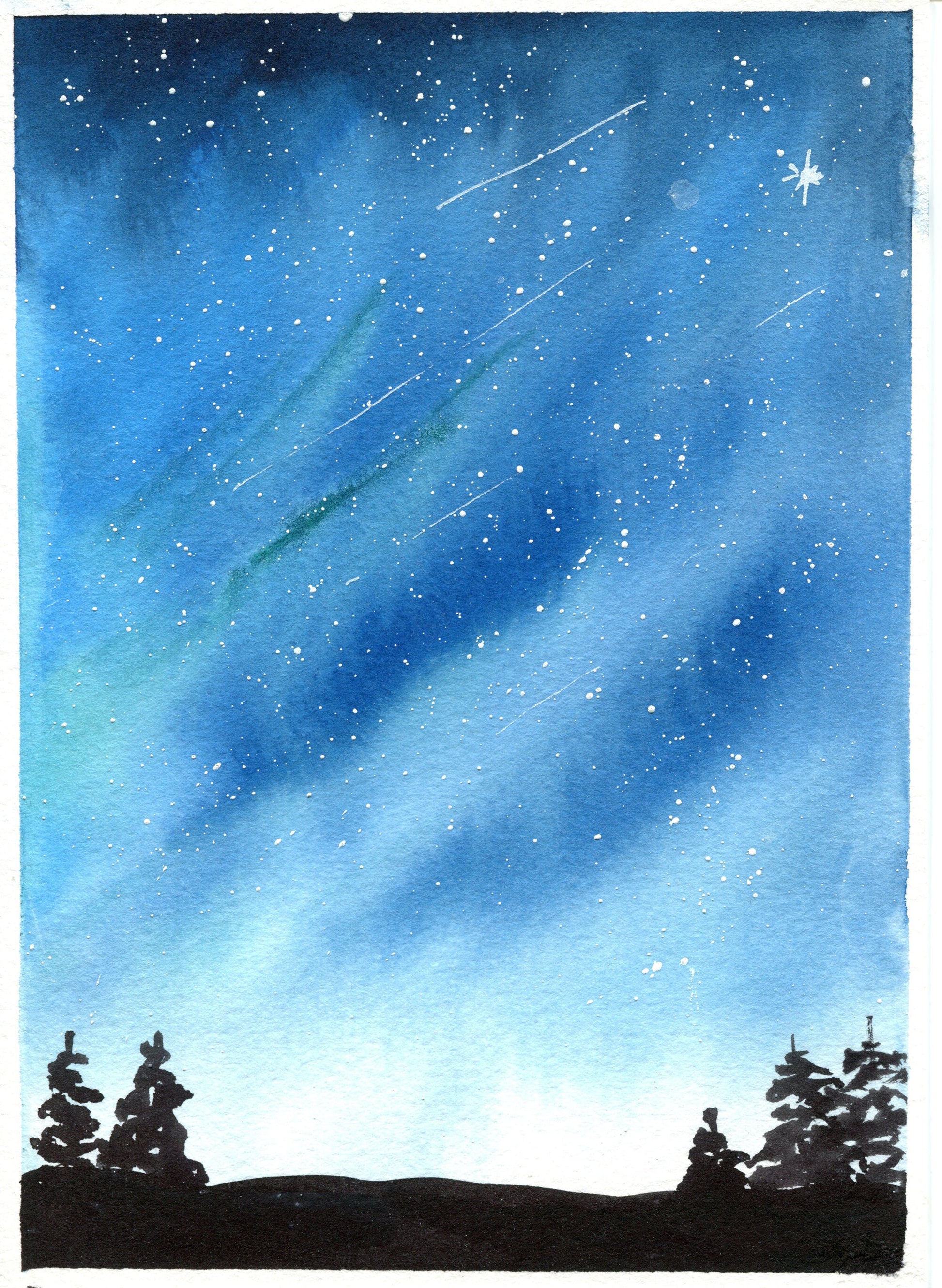 Galaxy, nebula and starry night landscape watercolor