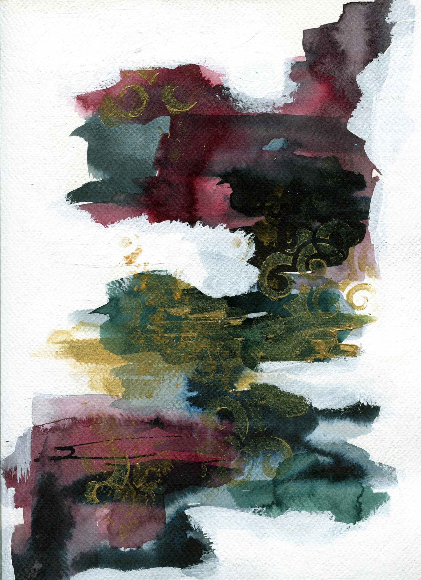 Abstract mixed media original painting 9x12, gold accent abstract original art on paper, hand painted funky wall art - Carved Effects