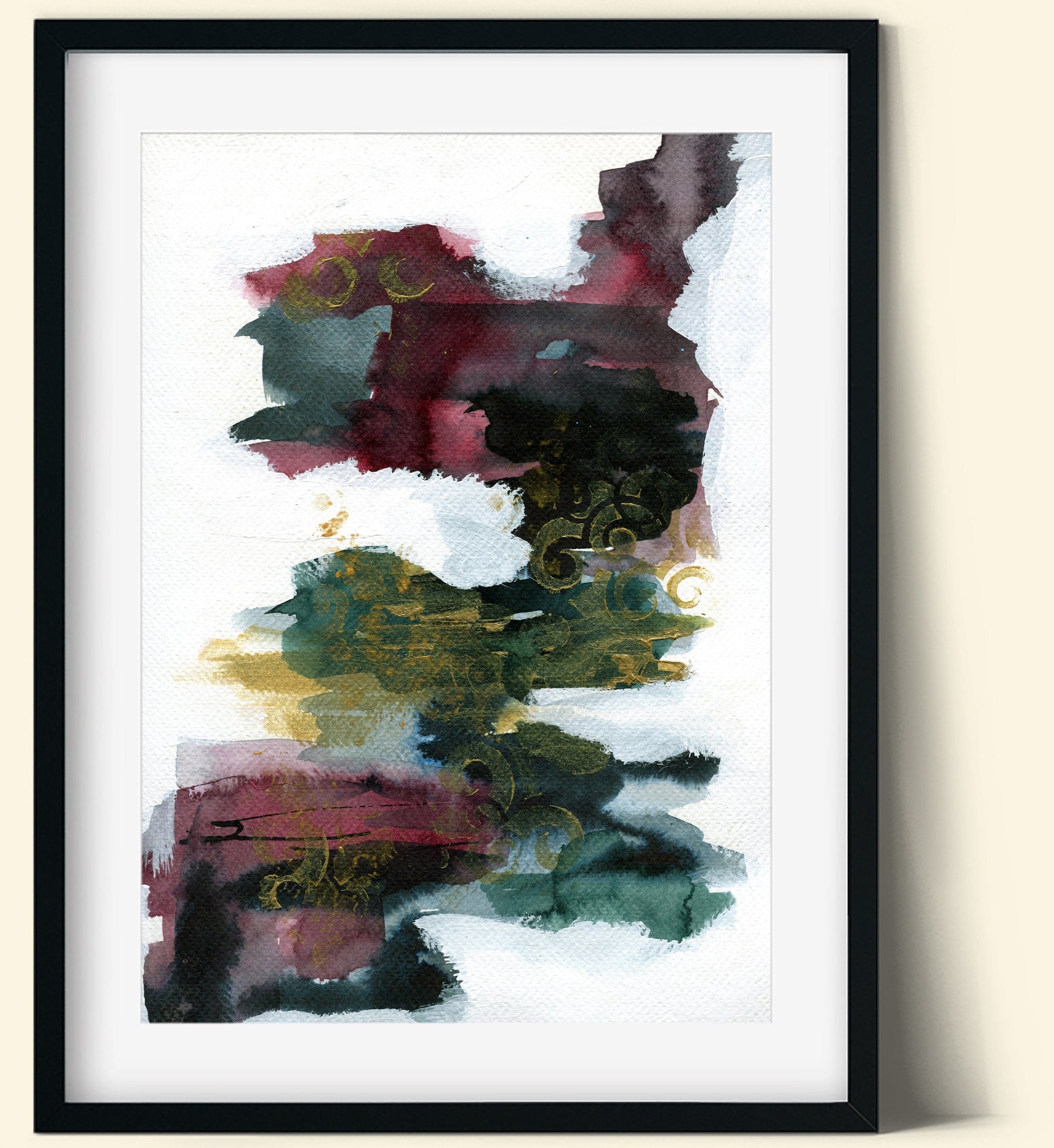 Abstract mixed media original painting 9x12, gold accent abstract original art on paper, hand painted funky wall art - Carved Effects