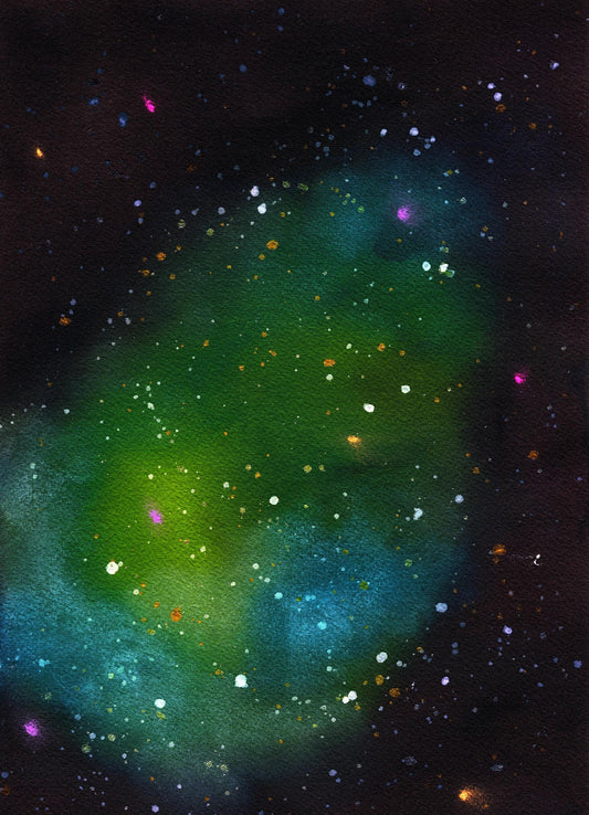 Green and blue galaxy watercolor painting 9x12, hand painted nebula original on paper, outer space wall art, celestial artwork