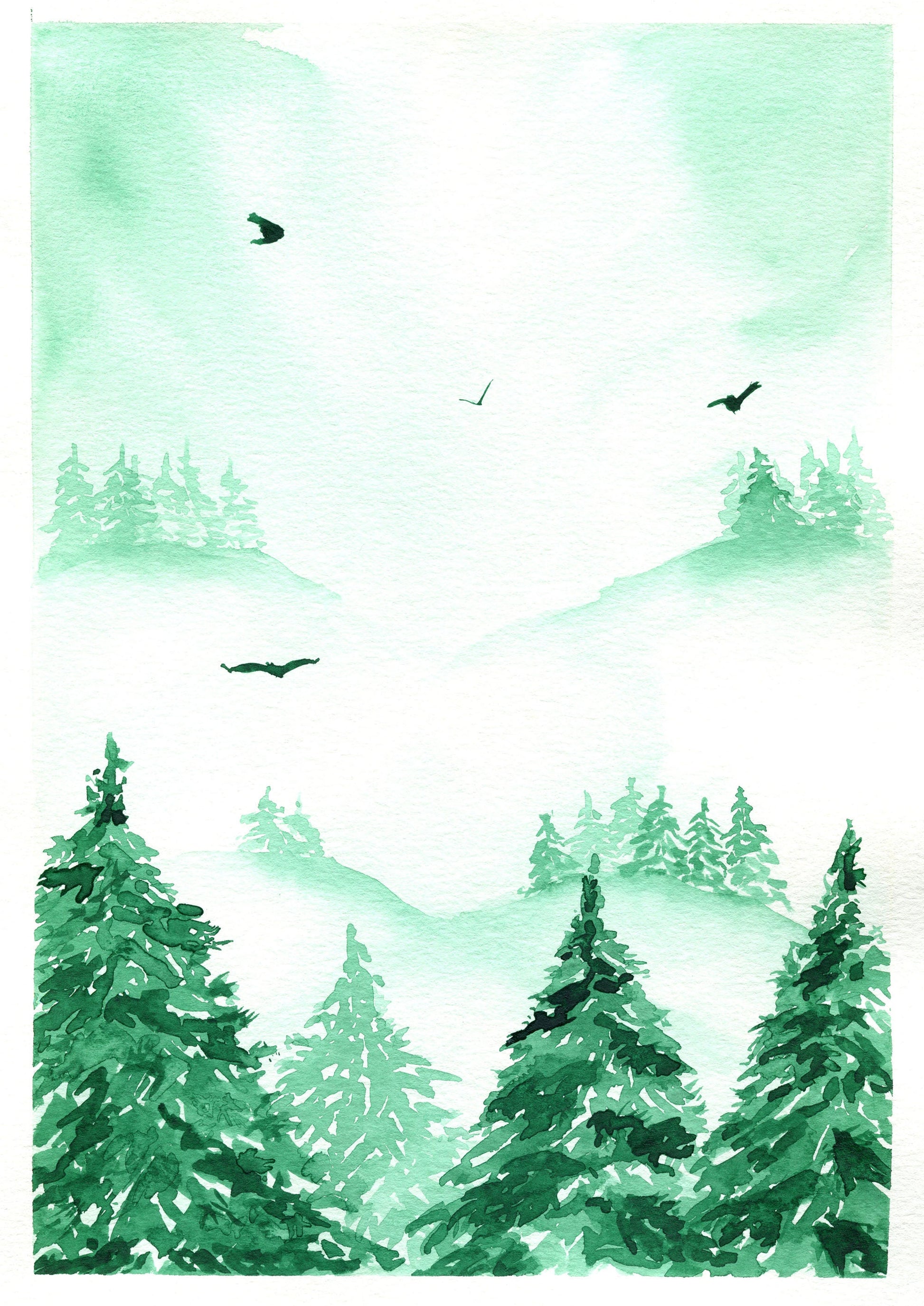 A watercolor painting depicting a green, foggy landscape with pine trees and birds in the sky.