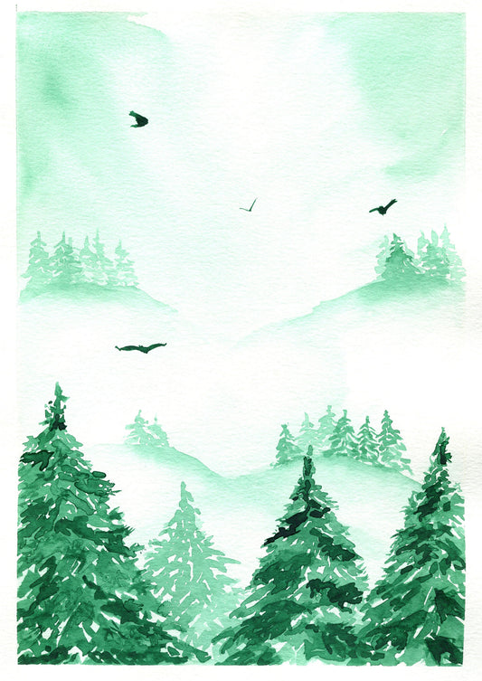 A watercolor painting depicting a green, foggy landscape with pine trees and birds in the sky.