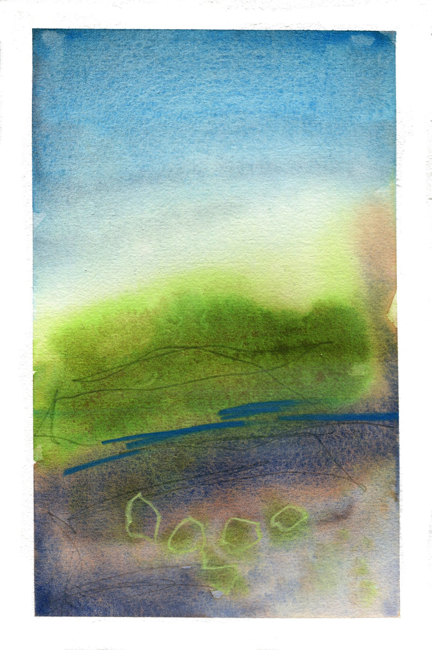 Abstract watercolor painting with blue, green, and brown hues