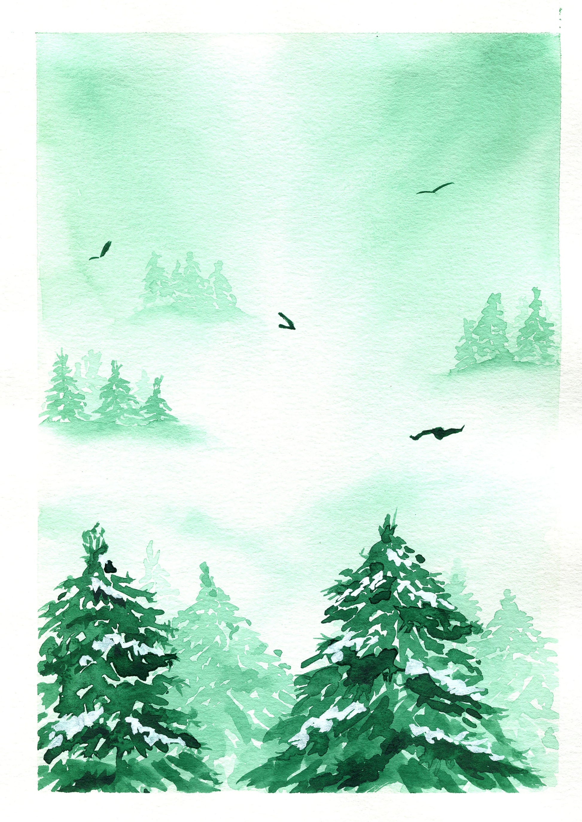 A hand-painted watercolor painting depicting a green, foggy mountain landscape with pine trees, showcasing a wintery scene.