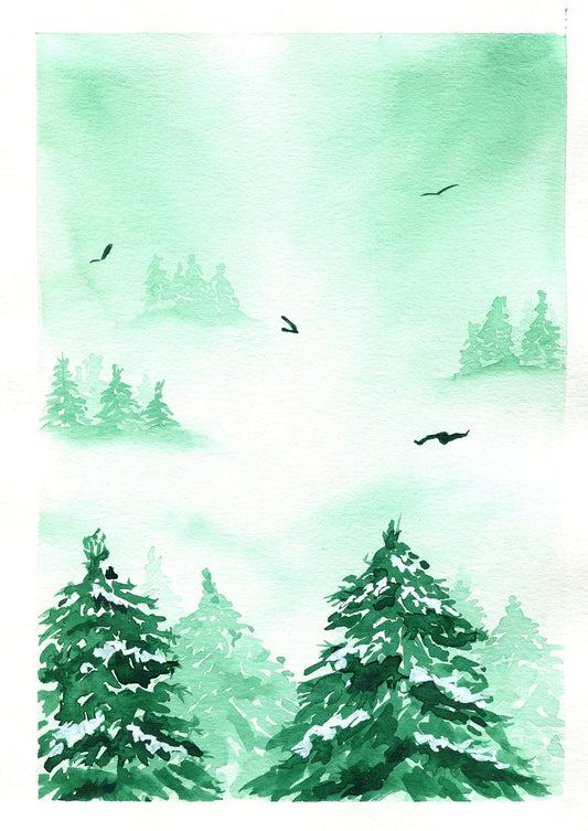 A hand-painted watercolor painting depicting a green, foggy mountain landscape with pine trees, showcasing a wintery scene.