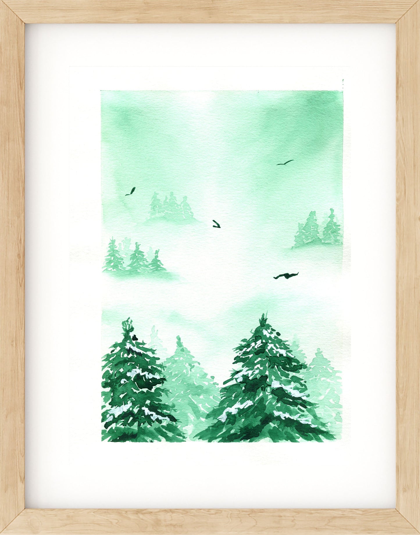 Green misty mountain forest landscape watercolor 9x12