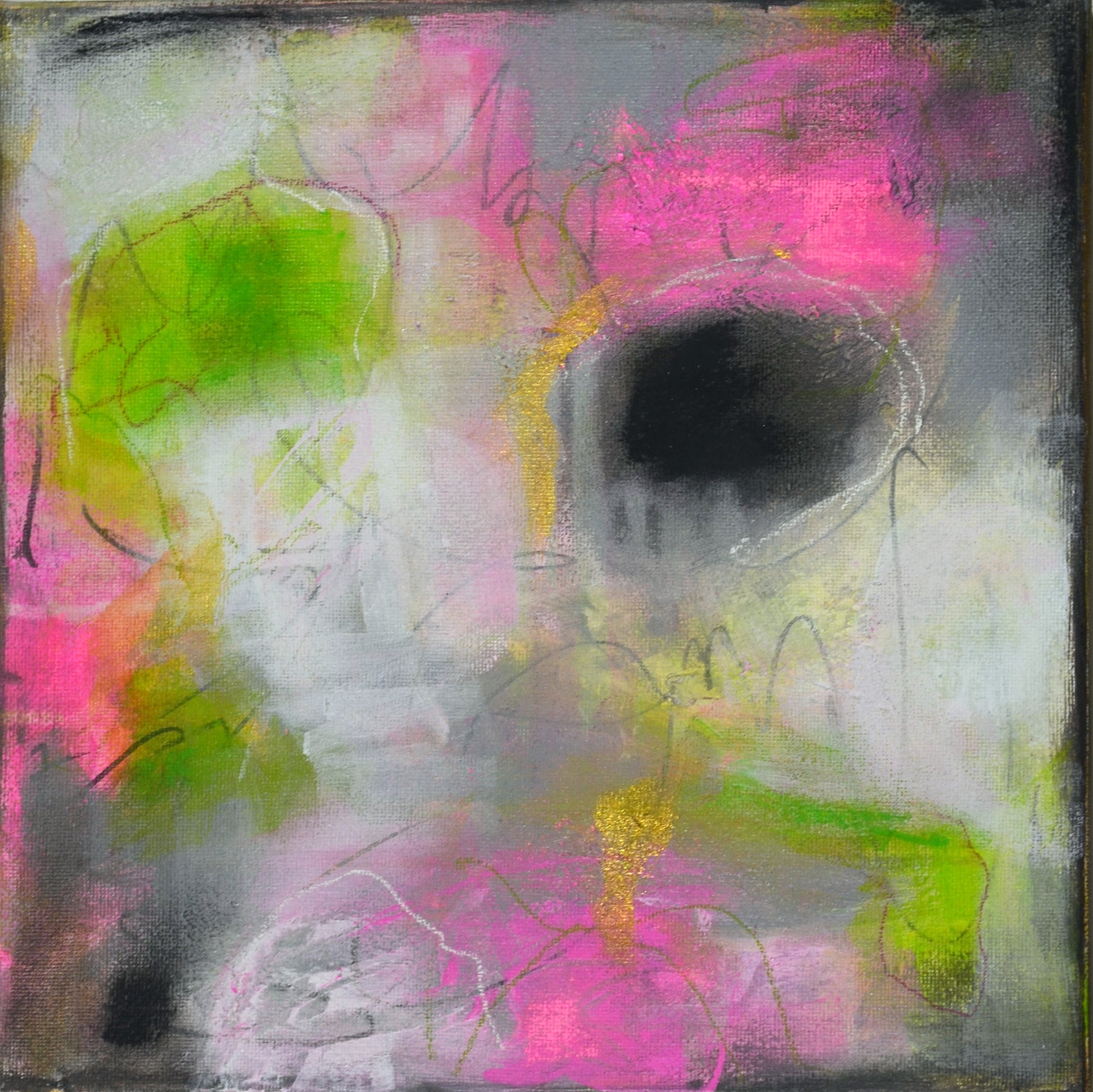 Abstract mixed media canvas painting with pink, green, and grey colors