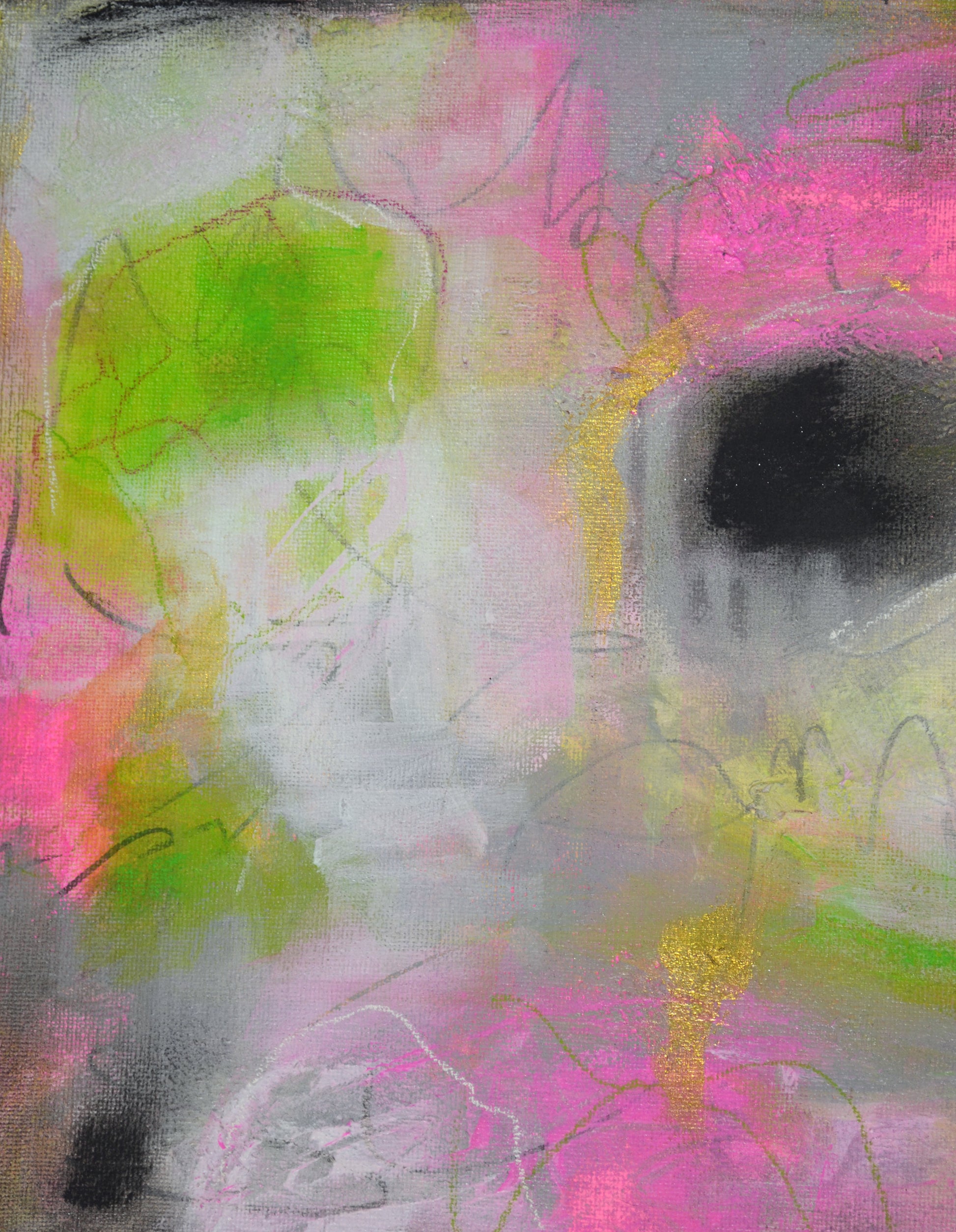 Green pink and grey abstract painted mixed media canvas painting