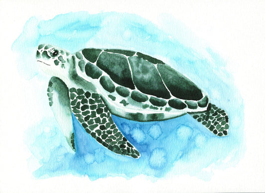 A watercolor painting of a green sea turtle with a stylized background.