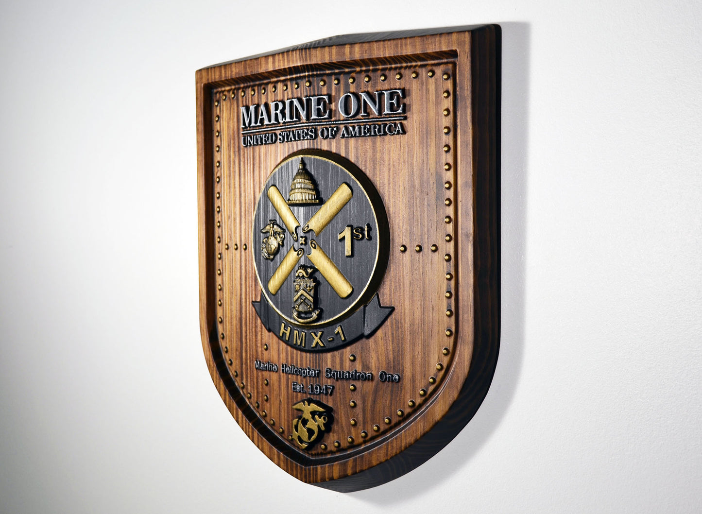 USMC HMX-1, Marine Helicopter Squadron One, 3d wood carving, military painted plaque