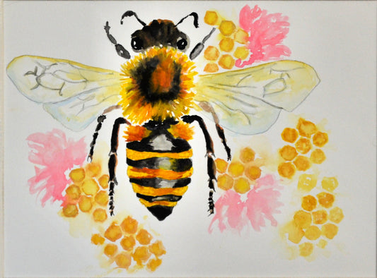 A watercolor painting of a honeybee on a honeycomb with flowers, done on a white background.