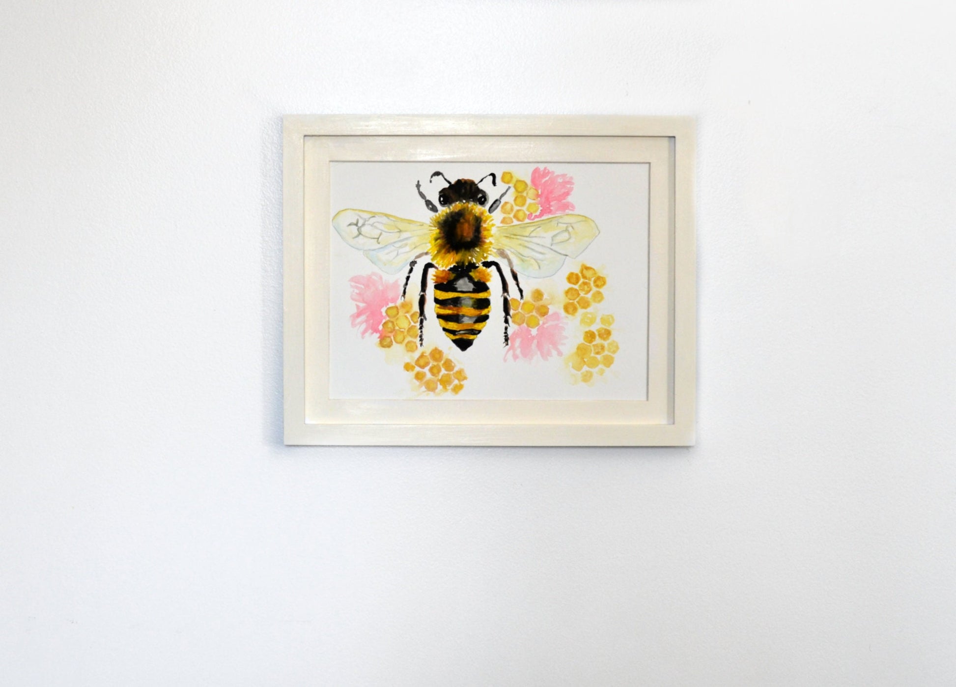 Honey bee on honeycomb watercolor painting 9x12 - carved effects