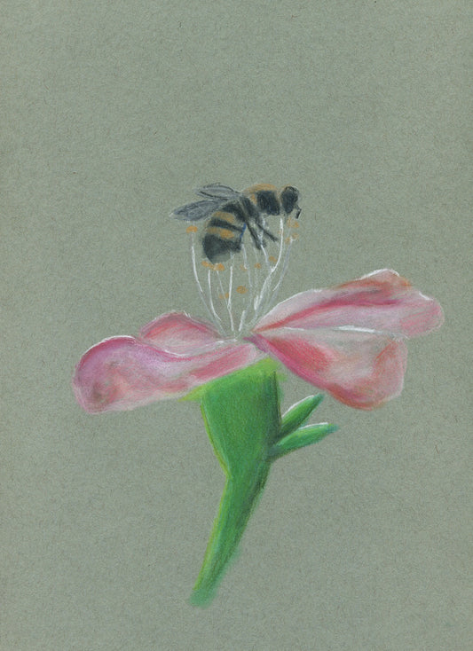 Bee on a flower pastel painting 9x12, honeybee pastel drawing, original artwork not a print, nursery wall art - Carved Effects