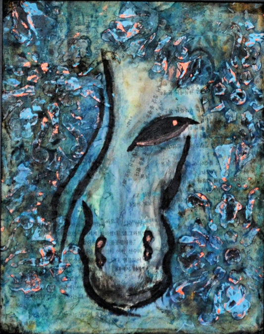 Hand painted abstract horse face mixed media painting on canvas board, with blue ink and copper embellishments.