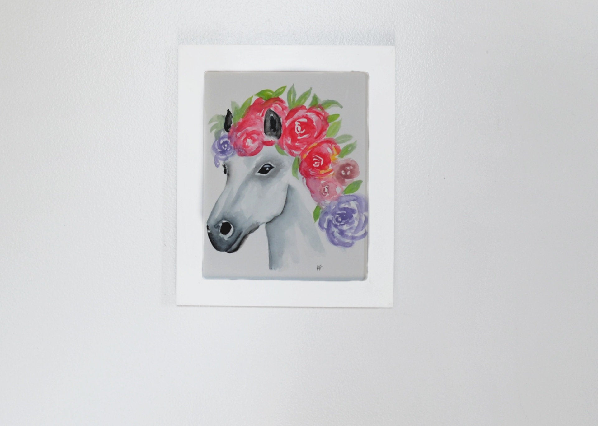 Horse with flower mane watercolor painting 8x10 - carved effects