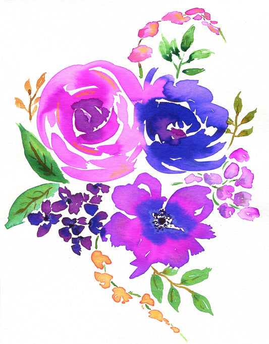 Original watercolor painting of a bouquet with hot pink and purple flowers, including shades of pink-purple and purple-blue, on a white background.