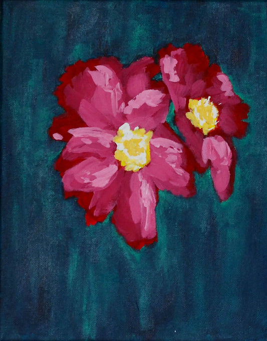 Hand painted red floral artwork on a green background, original acrylic painting on canvas, unframed.