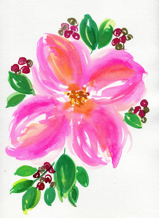 Hot pink flower with red berries original watercolor painting 9x12 - carved effects
