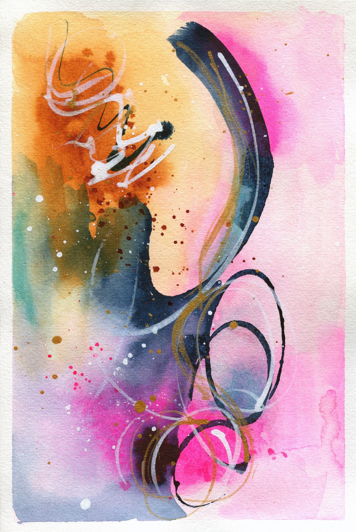 Abstract hand painted watercolor painting 6x9, abstract circle watercolor original artwork, blue yellow and pink small wall art - Carved Effects