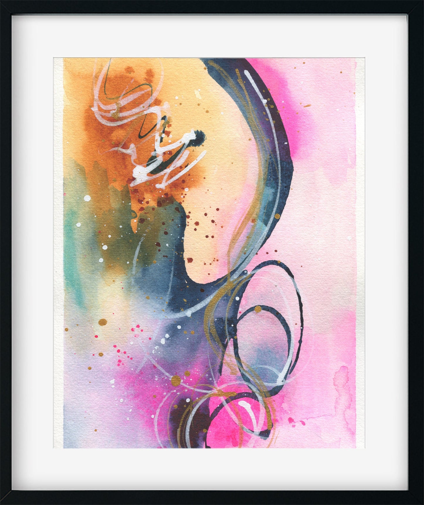 Abstract hand painted watercolor painting 6x9, abstract circle watercolor original artwork, blue yellow and pink small wall art - Carved Effects