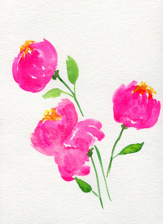 Watercolor painting of pink flowers with green leaves on a white background