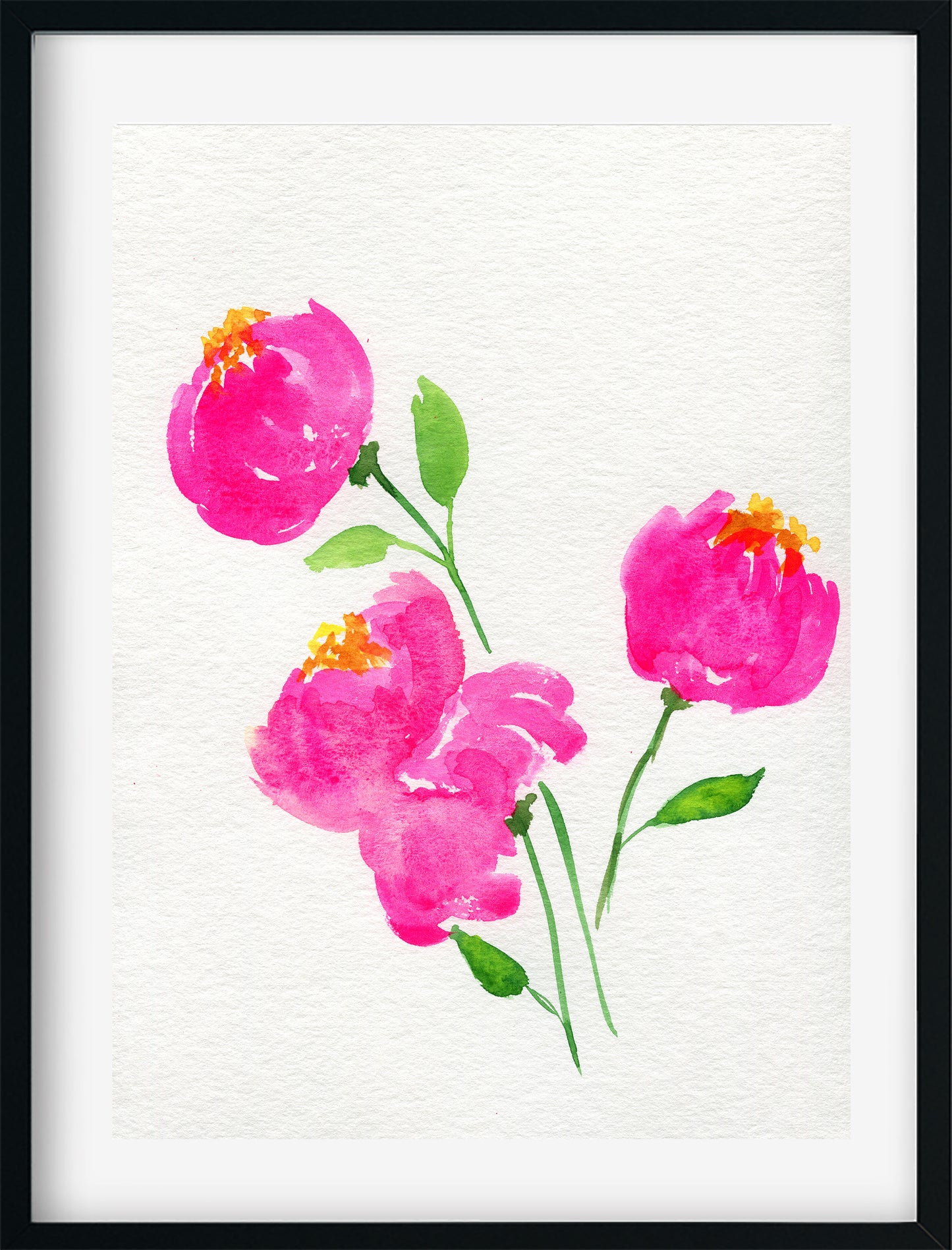 Watercolor painting of pink flowers with green leaves on a white background