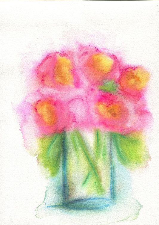 Hot pink peony flowers in vase watercolor painting 9x12 - carved effects