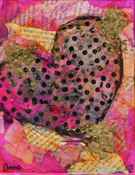 Collage art with polka-dotted heart shape on a pink background
