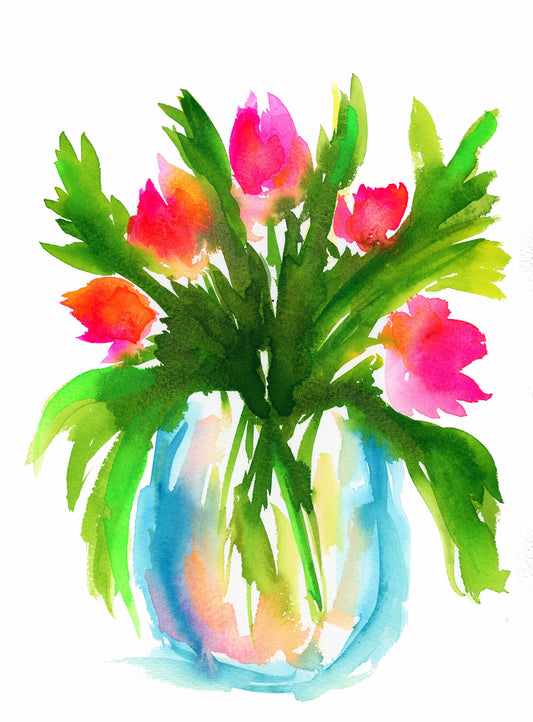 Hot pink tulips in vase watercolor painting 9x12 - carved effects